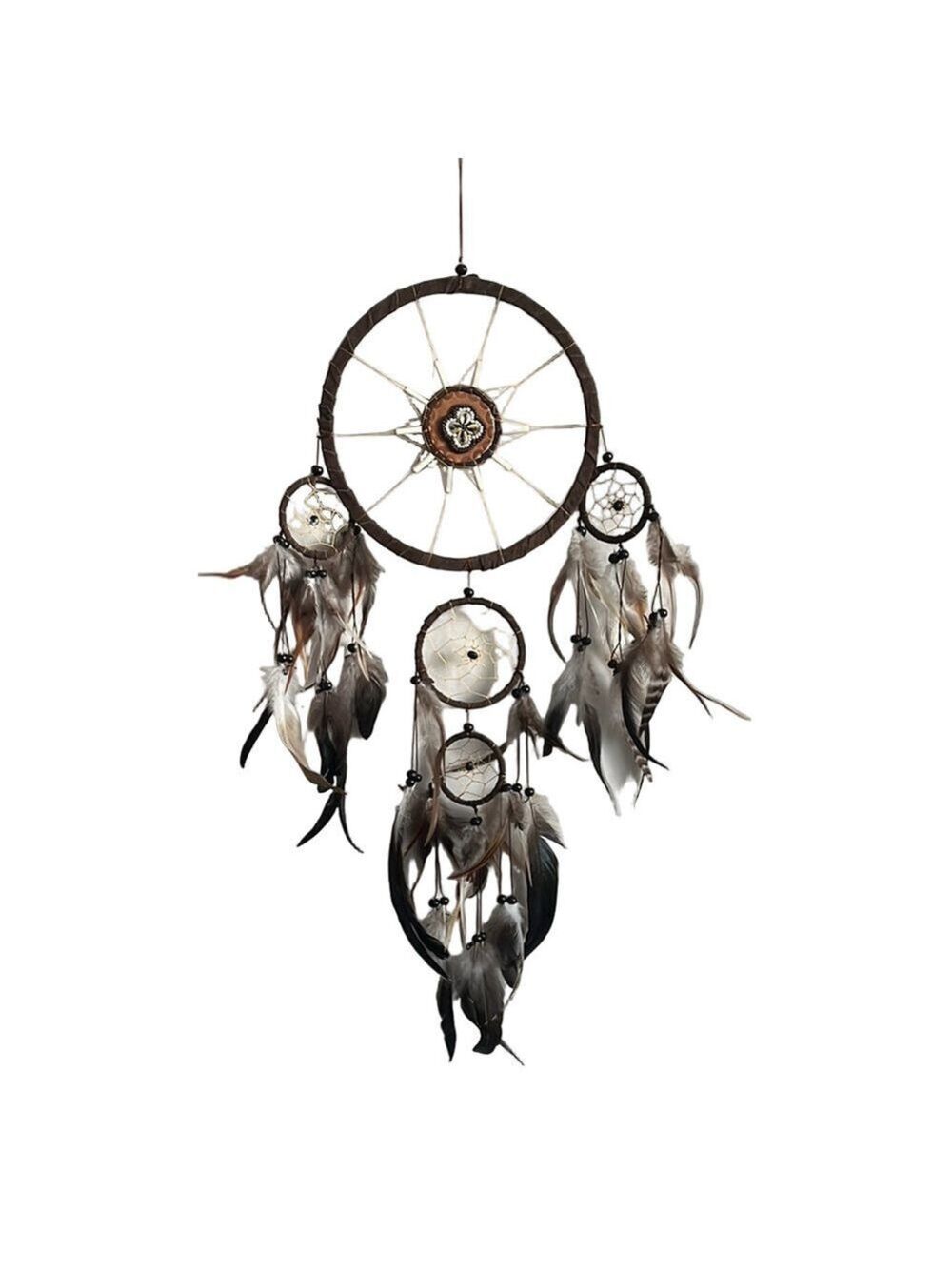 Brown and Black Dreamcatcher Art with Feathers and Beads